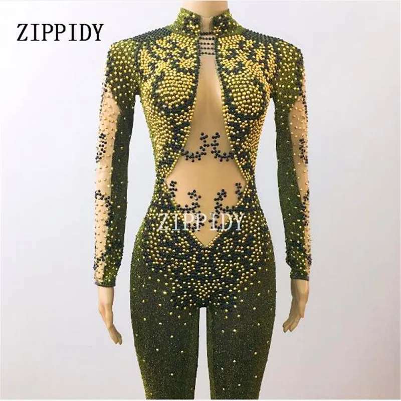 Black Gold Stones Stretch Jumpsuit Bling Rhinestones Sexy Rompers Costume Women\'s Evening Party Wear Birthday Celebrate Outfit