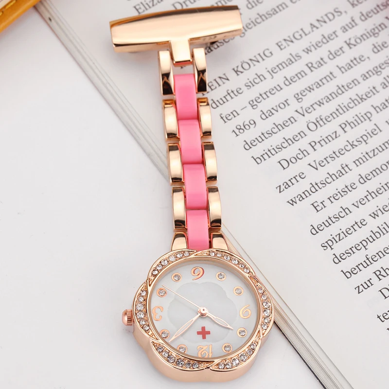 

Paramedic Brooch Pin Medical Nurse Fob Watch For Doctors Gift Women Clip-on Stainess Steel Pocket Watch Pendant Crystal Flower