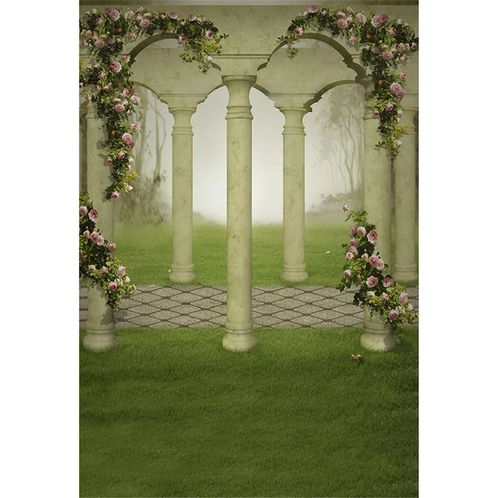 

Vintage Gallery Garden Wedding Backdrop for Photography Printed Arched Stone Pillars Pink Flowers Vines Nature Photo Backgrounds