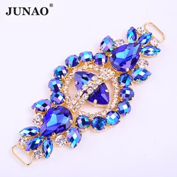 JUNAO 55x132mm 1pcs Sewing Blue AB Glass Claw Rhinestone Buckle Connector Strass Chain Crystal Applique for Bikini Dress Craft