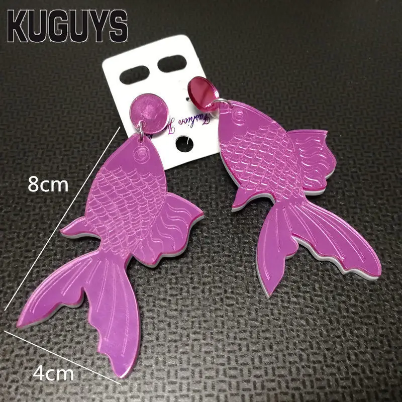 KUGUYS Acrylic Jewelry for Women Long Drop Dangle Earrings Fashion Mirror Pink Gold Color Good Luck Koi Fish Girl\'s Gift