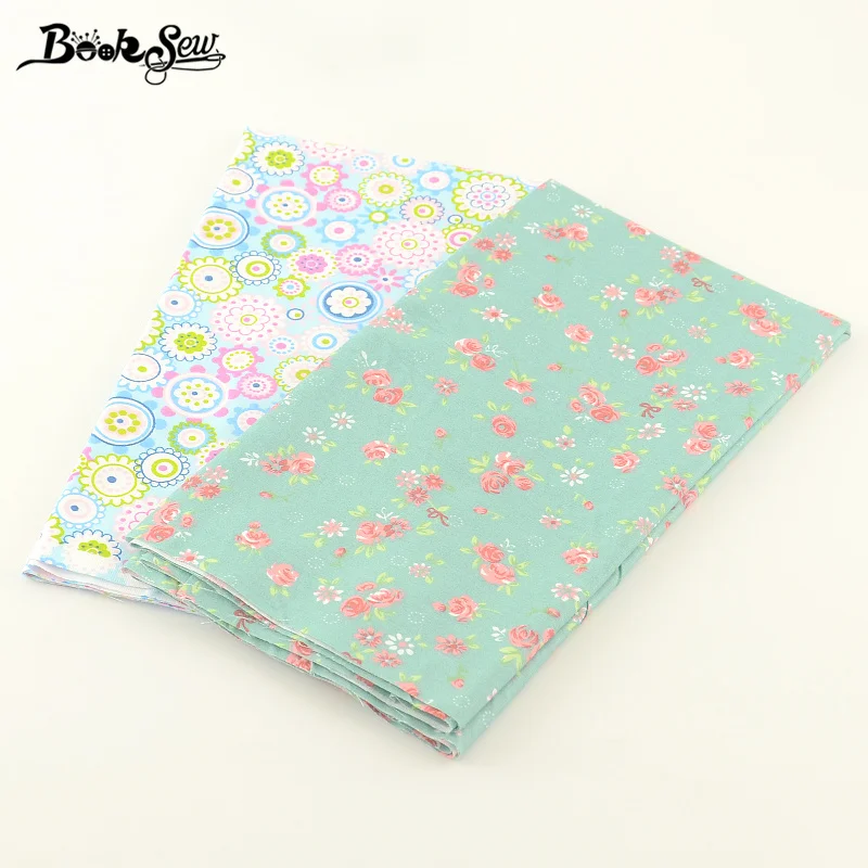 100% Cotton Twill Booksew Fabric Home Textile Quilting Cloth 2 Pcs/lot 50cmx100cm Printed Green Floral Style  Patchwork