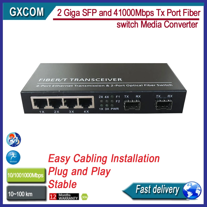 2 Giga SFP and 4 1000Mbps Tx Port Fiber switch Media Converter