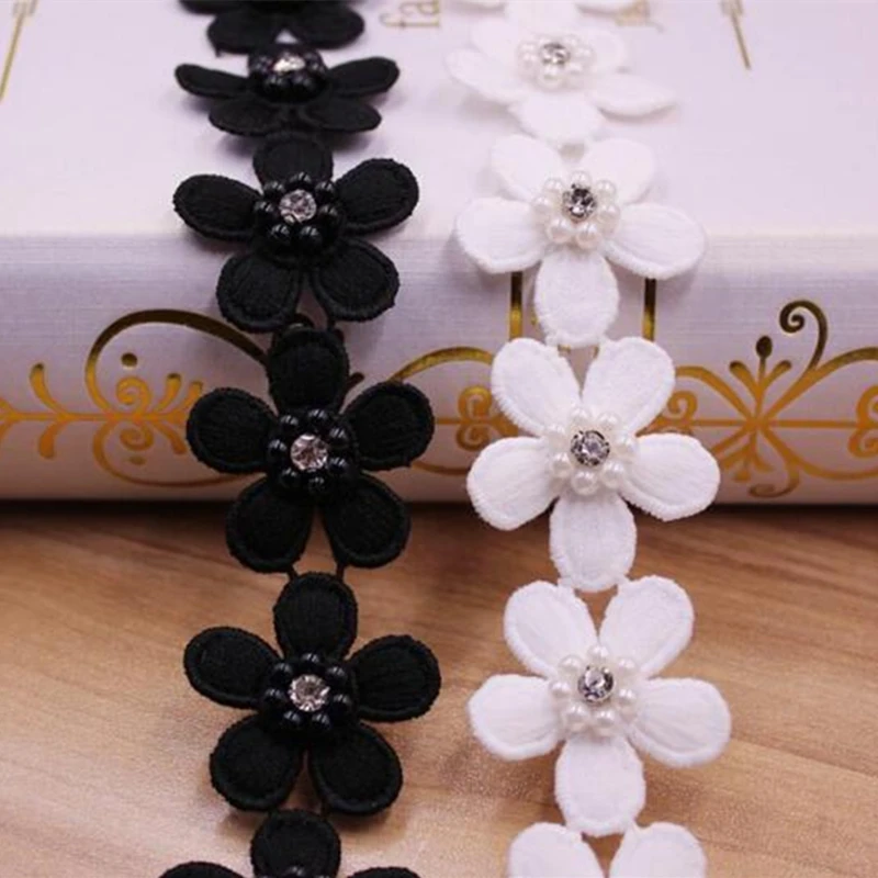 Black White Pearl Flower Handmade Beaded Embroidered Lace Edge Trim Ribbon Double Layered Applique Dress DIY Sewing Craft