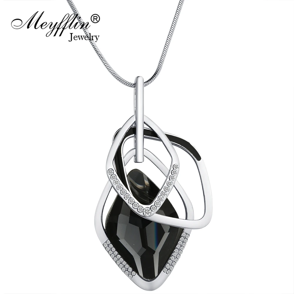 Meyfflin Crystal Long Necklace for Women Fashion Silver Color Chain Gemetric Pendant Necklace Maxi Collier Sweater Jewelry