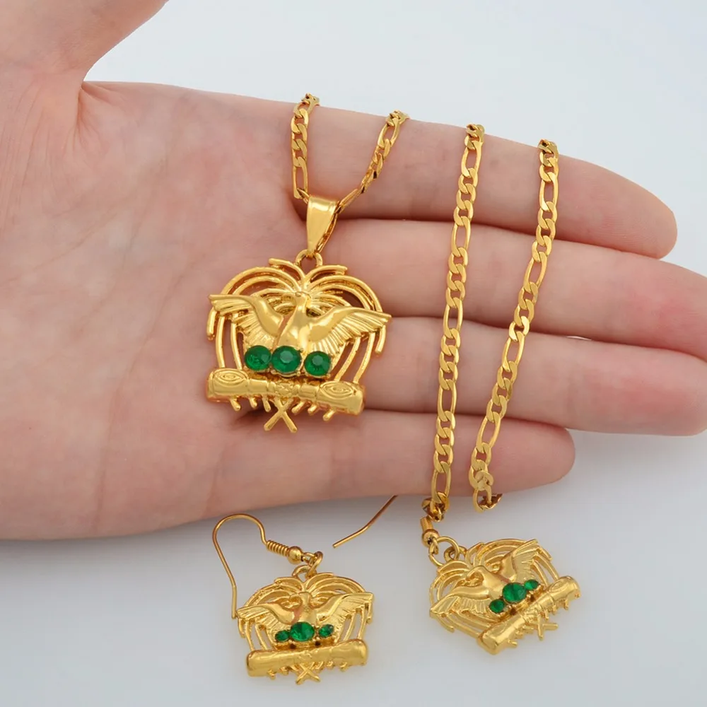 Anniyo Papua New Guinea Bird of Paradise Pendant Necklaces Earrings sets With Green Stone for Women PNG Birds Jewelry #137621GN