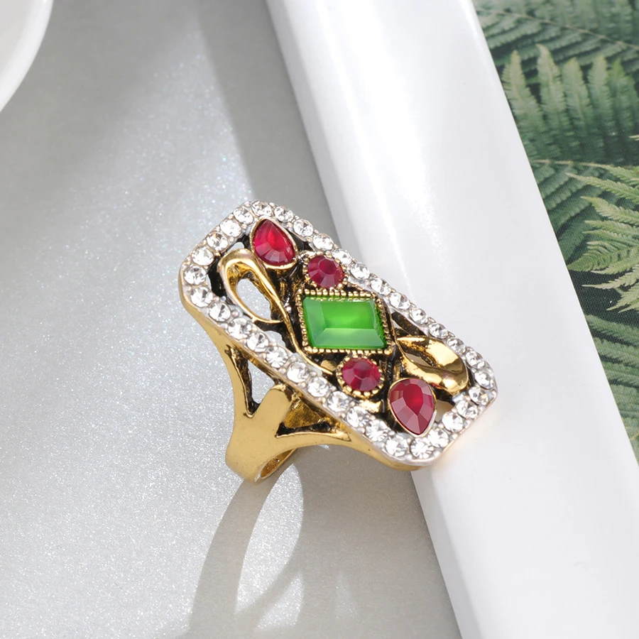 Kinel Hot Green Big Vintage Wedding Rings For Women Antique Gold Color Mosaic White Crystal Fashion Turkey Jewelry Love Gift