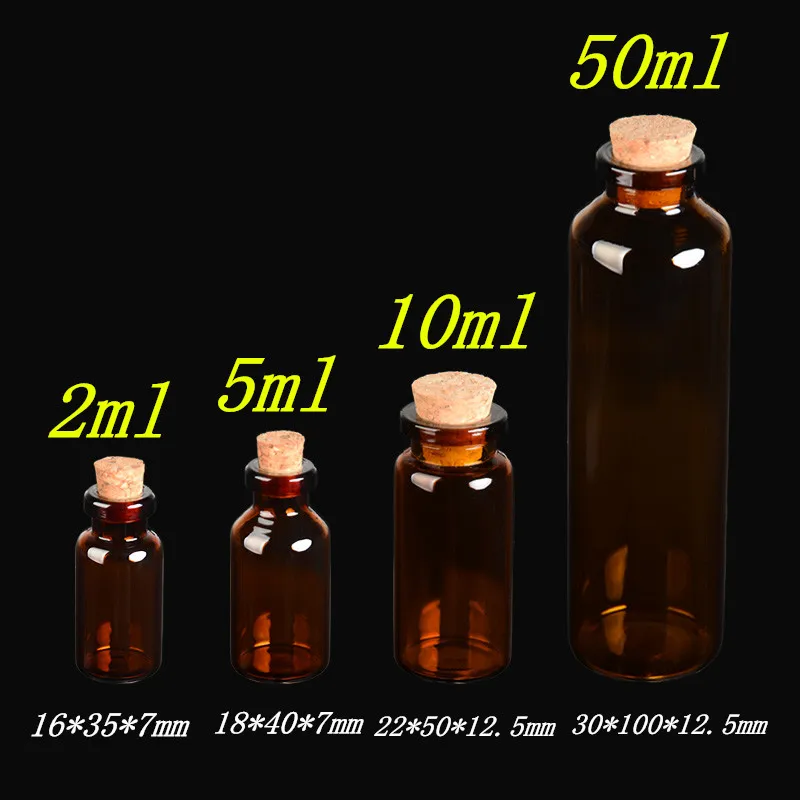 2ml 5ml 10ml 50ml Amber Glass Vials with Cork Empty Small Brown Tiny Glass Jars Mini Glass Bottles Vials Jars Containers 100pcs