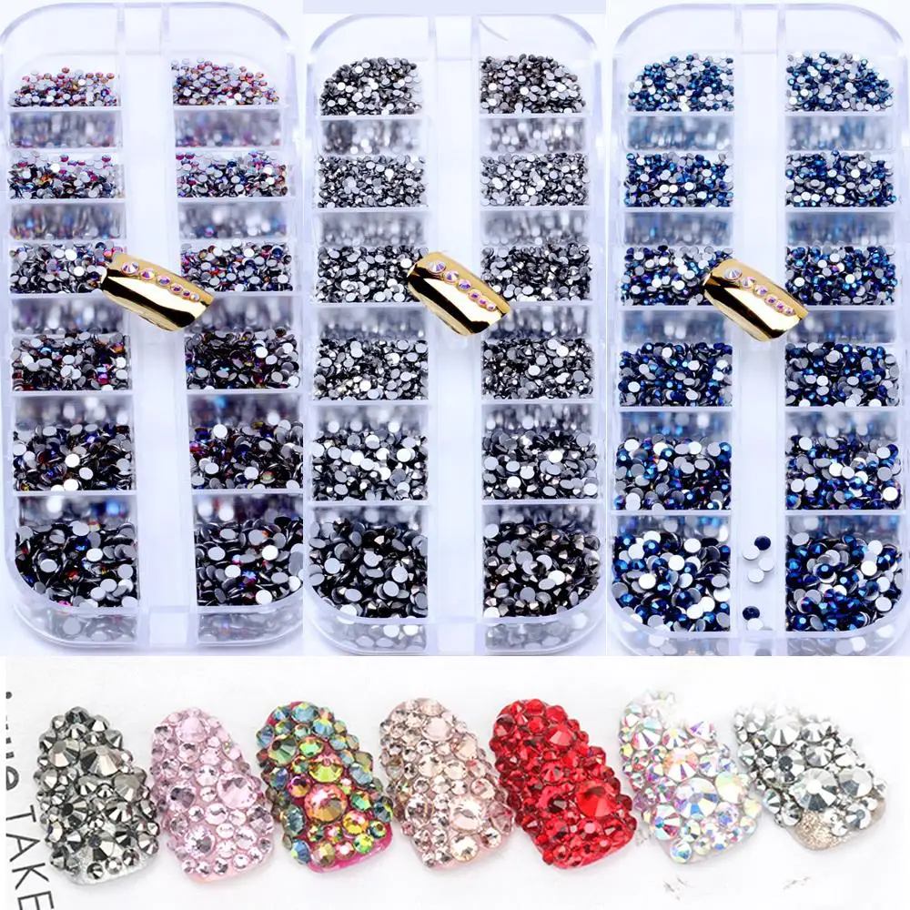 

Mixed ss3-ss10 Size Total 3360pcs Multicolor Box Flatback Rhinestones DIY Nail Art Decorations Round Glue On Garments Crafts