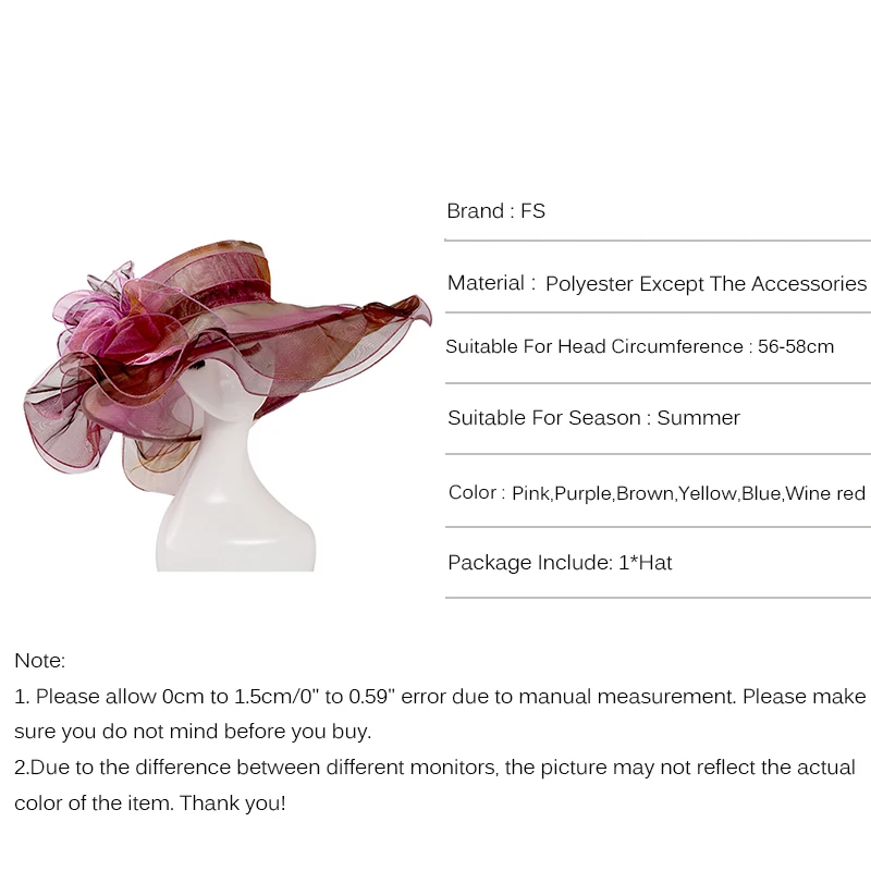 FS 2024 Pink Organza Church Hats For Women Elegant Large Brim Tea Party Wedding Cap Big Flower Fascinator Kentucky Derby Hat