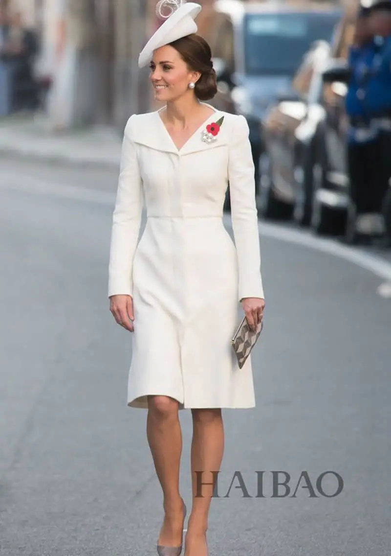 Princess Kate Middleton Dress with Turn-Down Collar, White, , Spring, A-Line Dresses