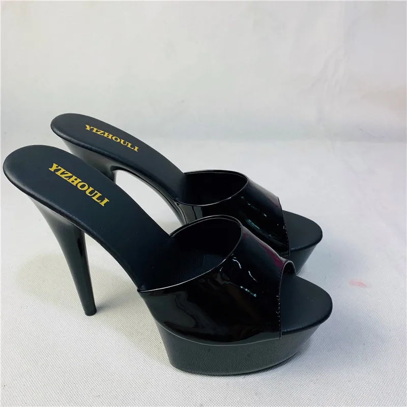 

Sexy Women Strippers 15cm High-Heeled Sandals Fashion Shoes Black Patent 6 Inch High Heel Platform Stiletto Sandals