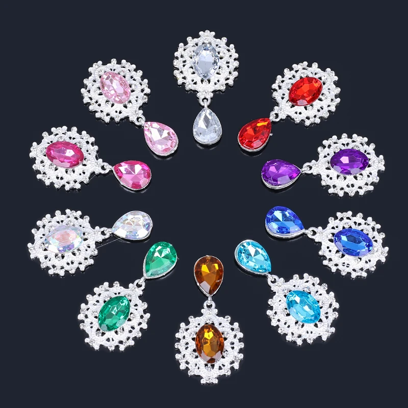 2019New Hot 50Pcs Silver Oval Center and Drop Rhinestone Pendant Button for Wedding Glass Decoraation Clothing DIY Crafts  LP140