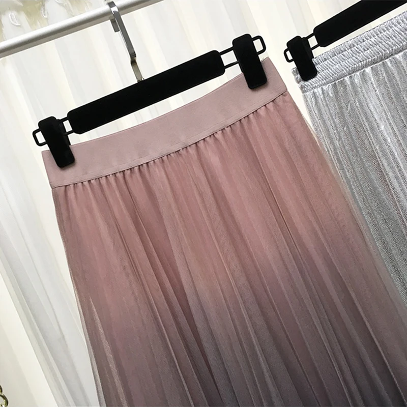 Jupe longue plissée en Tulle pour femmes, mode printemps été 2019, dégradé coréen élégant, taille haute, ligne a, jupe d'école mi-longue, femme