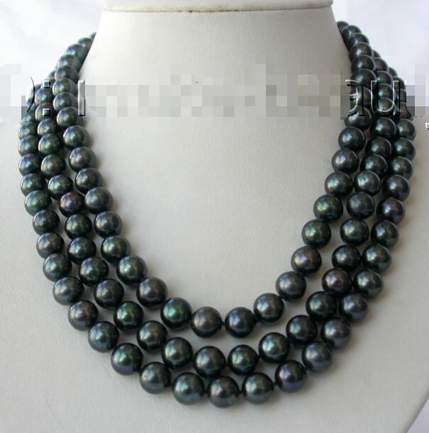 

faststunning 3rows 8-9mm round black freshwater cultured pearl necklace h115 AAA