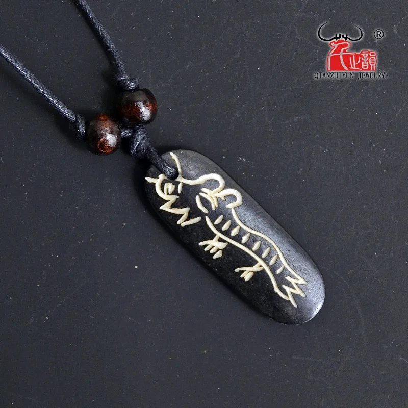 1PC Vintage Tibetan Yak Bone Necklace Black round Pendant Men's And Women's Talisman Jewelry Handmade Carved loong