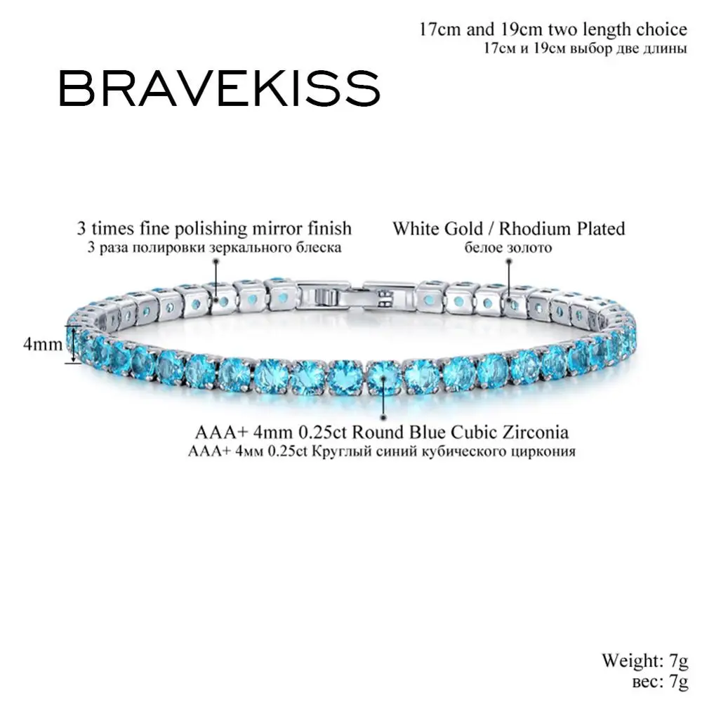 BRAVEKISS Blue Cubic Zirconia Tennis Bracelet for Women Wedding Jewelry Hip Hop Bracelets for Mens Jewekry Accessories BUB0097D