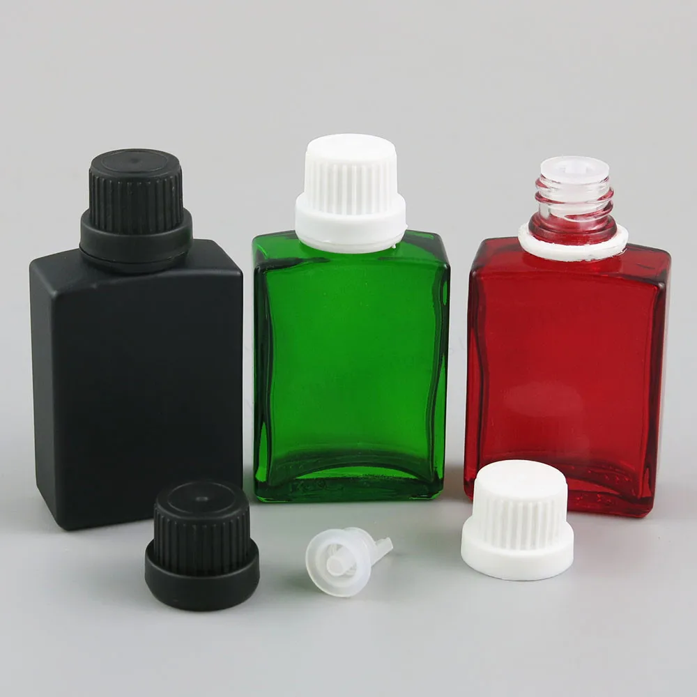 12 x 30ml 1oz Flat Square Black white clear red blue green Glass Bottle With Silver Black Aluminium lids and Seal