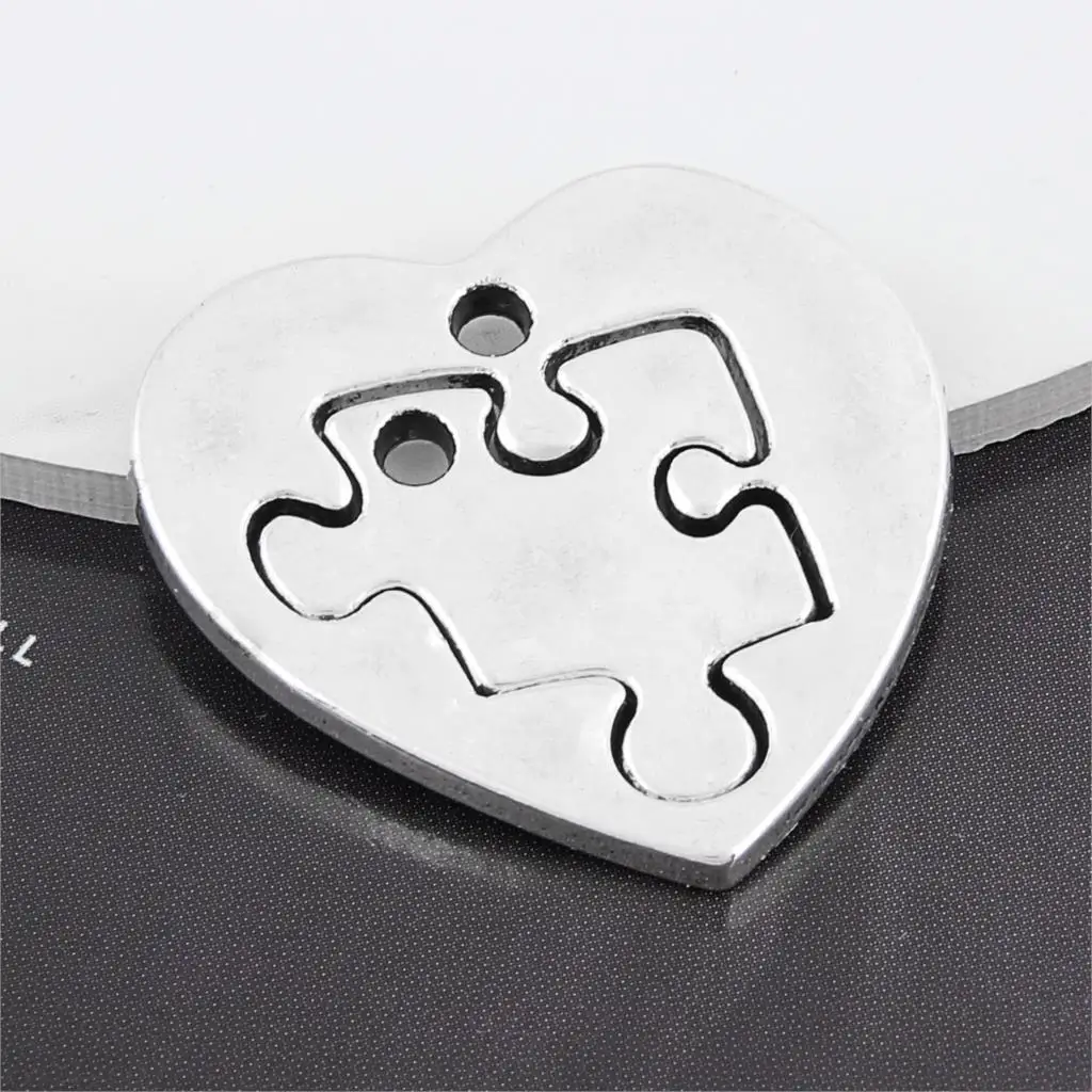 5Sets  Silver Color Heart Shaped Puzzle Charms Making Jigsaw Tag Couple Pendant Necklaces Choke Jewelry Handcraft 27X26mm A3221