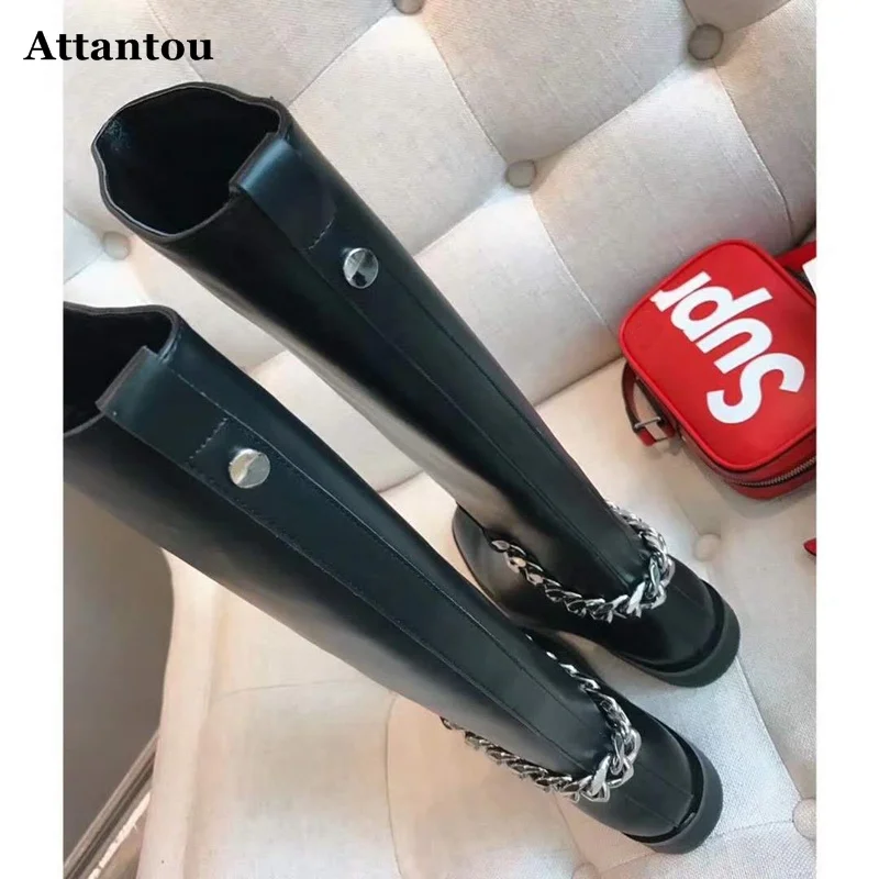 مصمم سلاسل دراجة نارية أحذية النساء المصارع Botte فام جلد طبيعي النساء أحذية طويلة حذاء برقبة للركبة امرأة الشتاء الأحذية #5