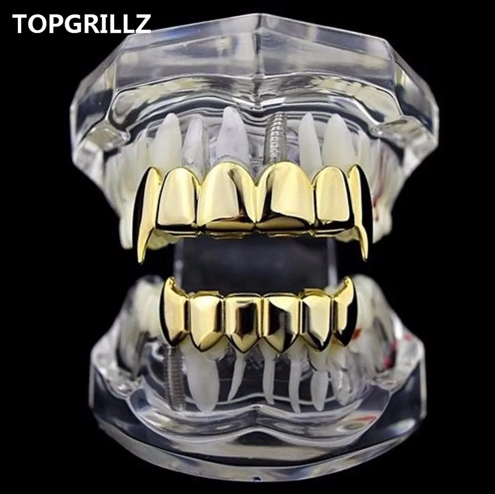 TOPGRILLZ Gold Silver Plated HIP HOP Teeth Grillz Top & Bottom Grills Set With silicone Real Shiny Vampire Tooth Sets