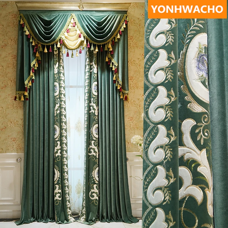 

Custom curtains luxury living room thick French flannel embroidery velvet green cloth blackout curtain tulle valance drape B236