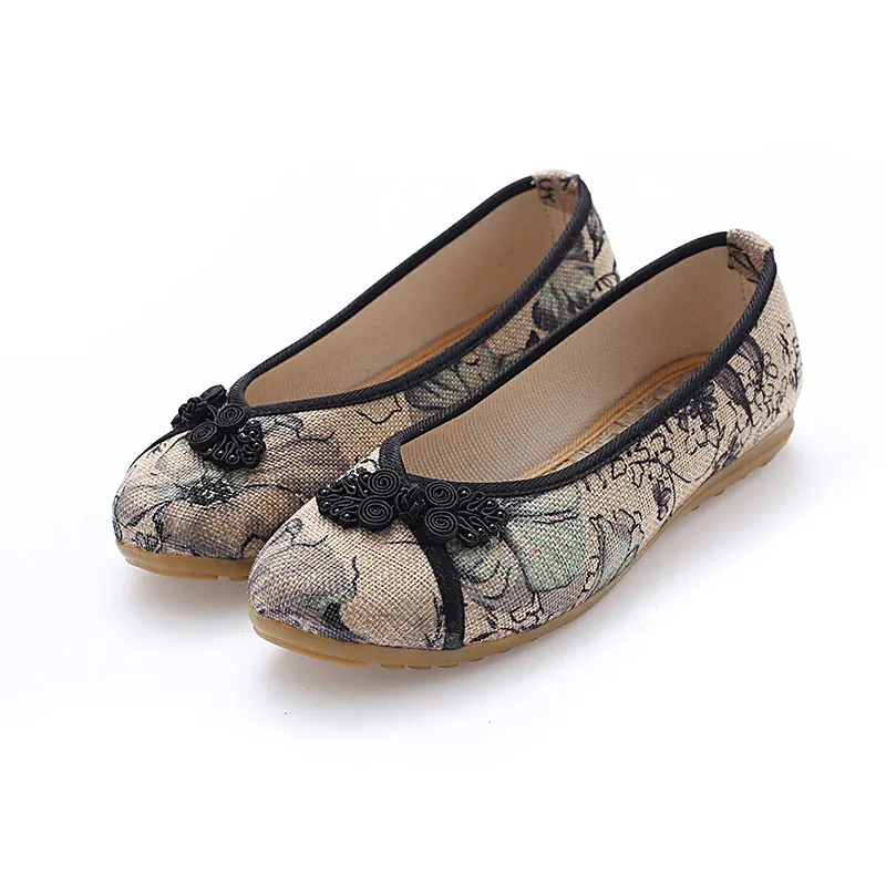 Veowalk Chinese Knot Women Floral Printed Canvas Ballet Flats Retro Ladies Casual Slip-on Ballerinas Comfort Old Beijing Shoes