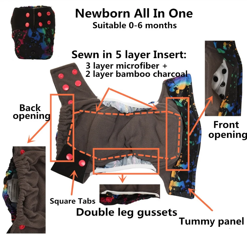 [Sigzagor]]1 Newborn ALL IN ONE Pocket Cloth Diaper Nappy,Baby Sewn Charcoal Bamboo Insert,AIO,Double Gussets,8-10lbs 44 Choices