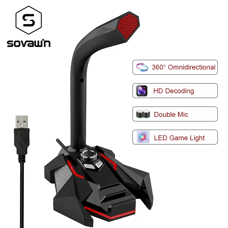 Dynamic Wired Microphone USB Studio Gaming 360 Omnidirectionnel PC Microphone for Computer Desktop Professional Dual Mic LED