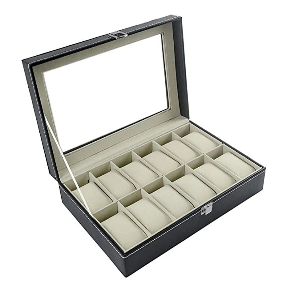 

SZanbana 12 Slots Watch Box Holder with Glass Lid,Case with Removable Watch Pillow, Velvet Lining, Metal Clasp, Faux Leather