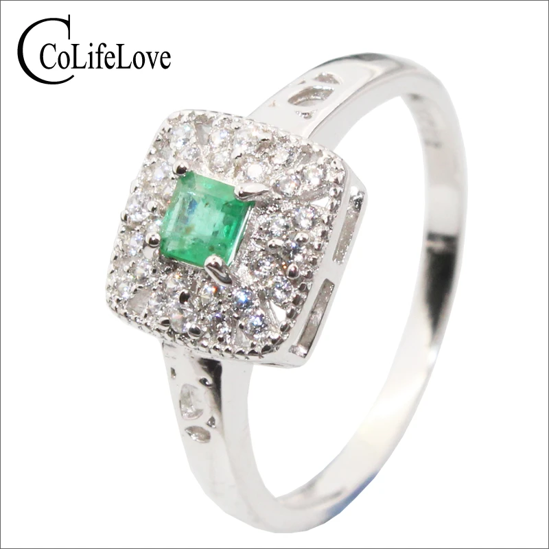 

Romantic silver emerald wedding ring for woman 3 mm*3 mm natural SI grade emerald silver ring 925 sterling silver emerald jewlry