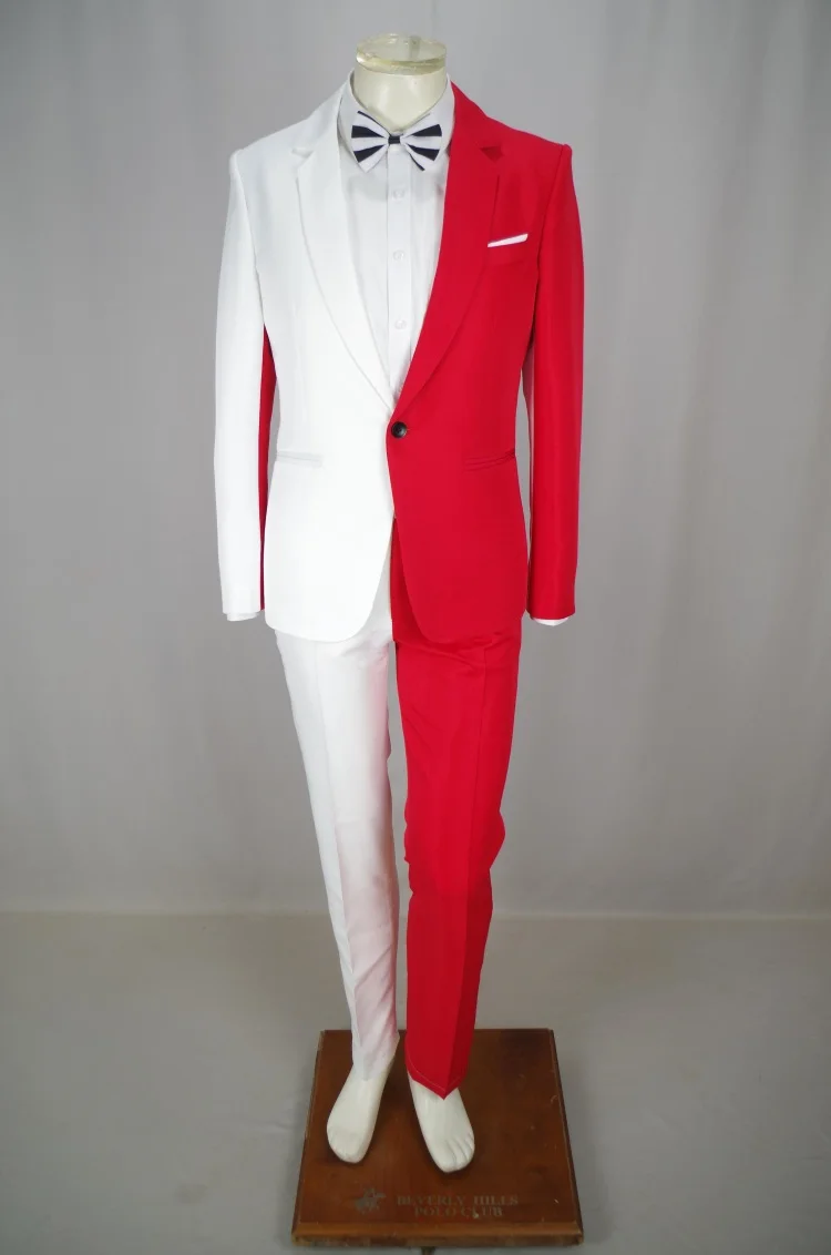 Men\'s Personality Mixed Color Suit Red Black White Splicing Blazer Pants 2 Piece Set for Stage Singer Chorus Magician Groomsman