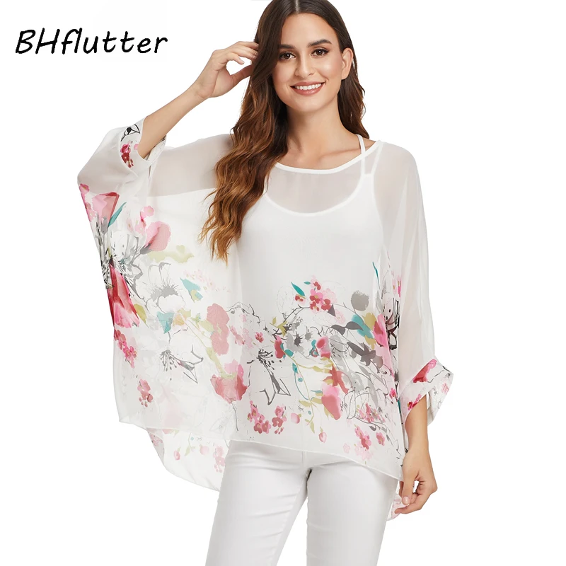 BHflutter White Blouse Shirt Women Fashion Batwing Casual Summer Tops Tees Ladies Print Chiffon Blouses Streetwear Plus Size