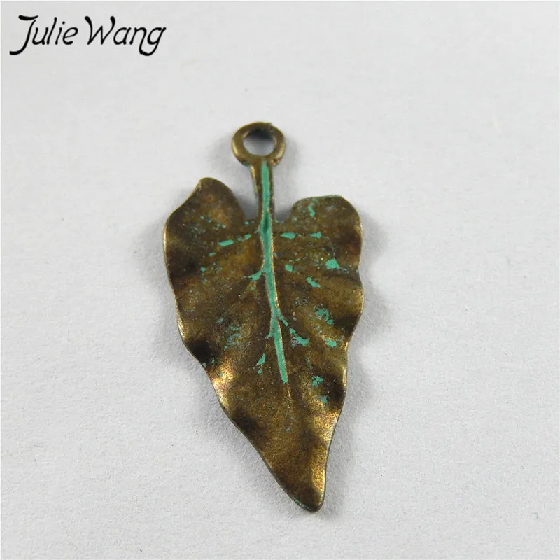 Julie Wang 20PCS Antique Bronze Charms Green Heart Shape Leaves Suspension Pendants Jewelry Making Earring Necklace Accessory