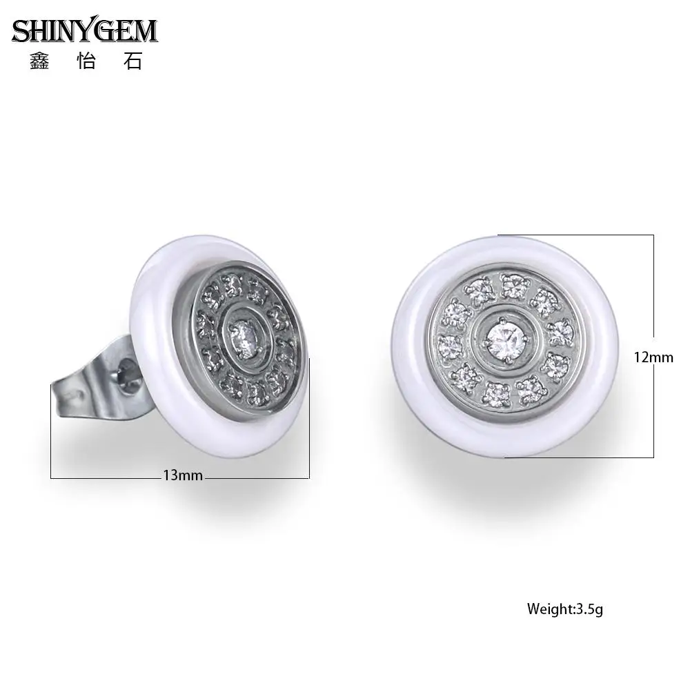 ShinyGem Black White Ceramic Stud Earrings Round/Square Stainless Steel Earrings AAA White Zircon Korean Earrings For Women 2020