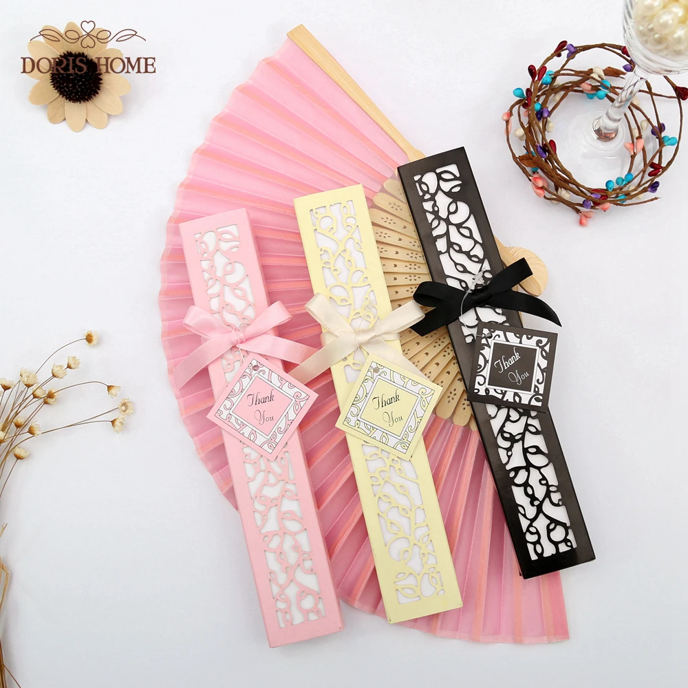 

50PCS Satin Silk folding Hand Held Folding Bamboo Fans With Names for Summer Wedding Favor