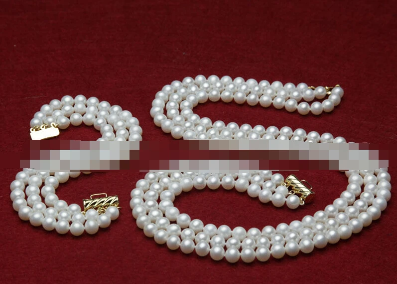 Women's Wedding charm  fashion AAA 3 row set 7-8mm white freshwater pearl necklace bracelet  real new-jewelry