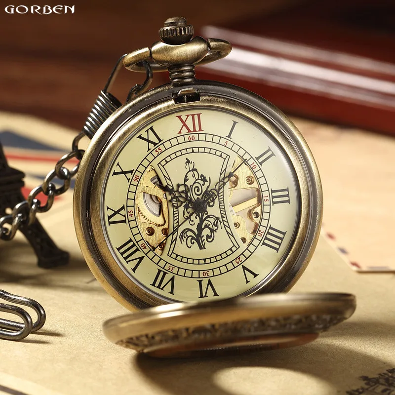 Retro Kayu Lingkaran Skeleton Pocket Watch Pria Wanita Unisex Mekanik Tangan Berliku Vintage Roman Angka Kalung Steampunk Watch