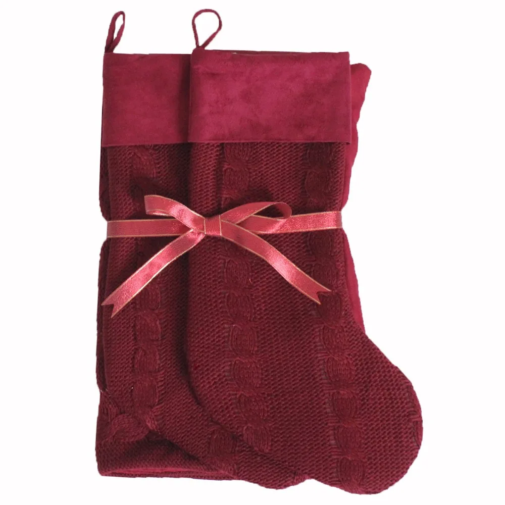 

Gift Set 2pcs Christmas stocking with 2 pcs Cushion Cover Burgundy Cable Knit High Quality Christmas Set P4084
