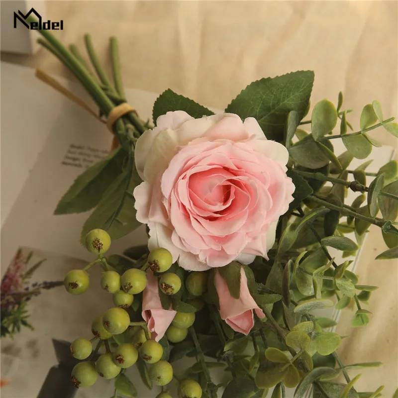 Meldel Braut Hochzeit Bouquet Brautjungfer Rose Eukalyptus Blätter Bouquets Künstliche Seide Blume Ehe Tisch Center Zubehör