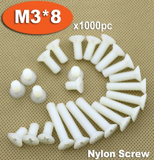 

1000pcs DIN965 M3 x 8 White Plastic Nylon Screw Cross Recessed Countersunk Flat Head Screws