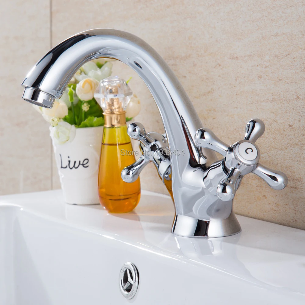 

Chrome Brass European Swan Faucets Bathroom Sink Basin Mixer Tap Dual Handle Torneira Hot and Cold Taps 1130C