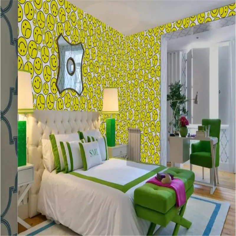 Creative smiley yellow bedroom bar background wall high-grade wall cloth manufacturers wholesale wallpaper murals 3D photo wall.