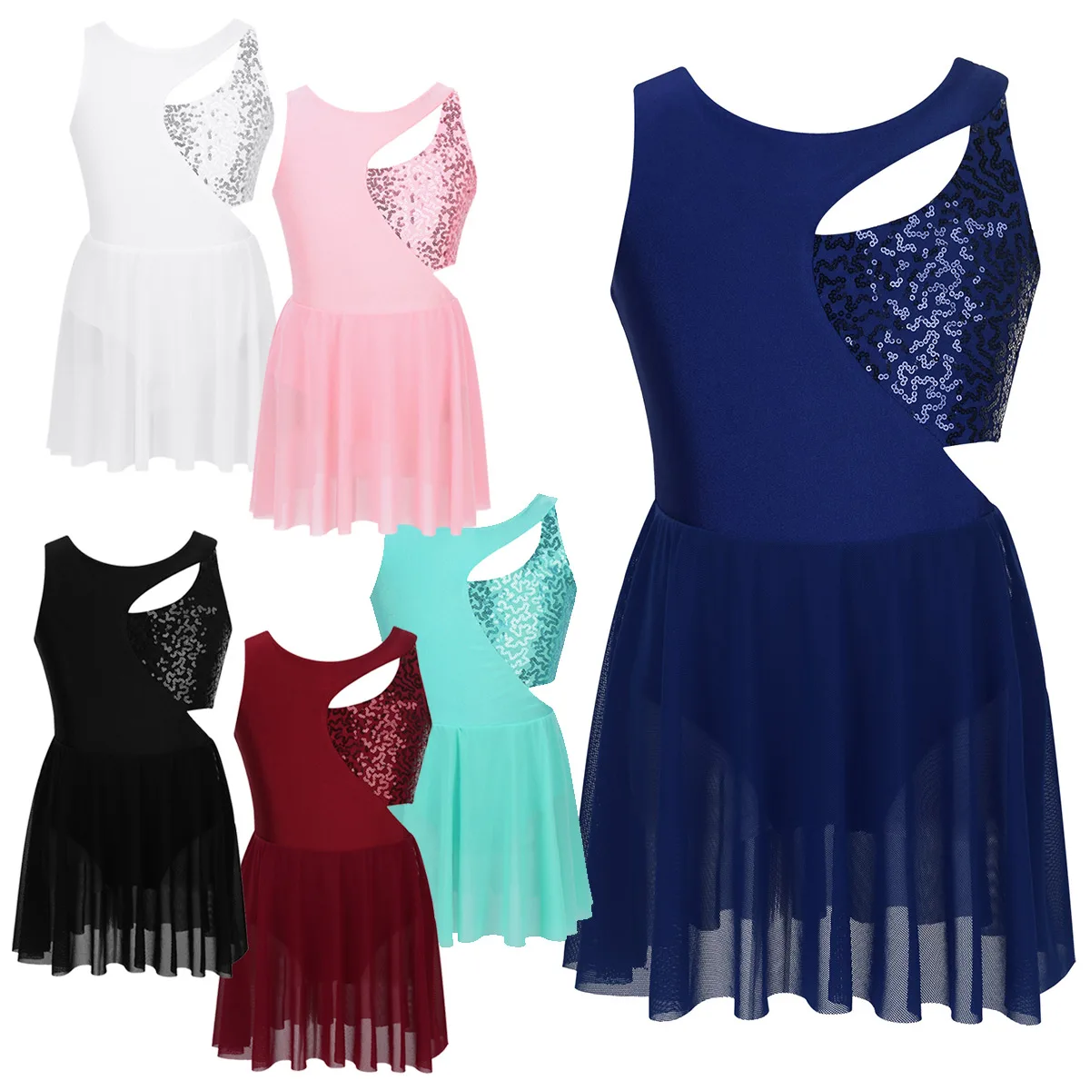 Sequins Kids Girls Sleeveless Asymmetrical Shiny Fashion Keyholes Figure Ice Skating Roller Skating Ballet Dance Leotard Dress