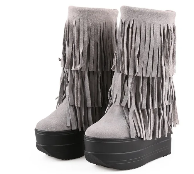 Newest suede Martin boots Women Genuine Leather tassel height increasing 13cm elevator boots Top quality fashion platform shoes