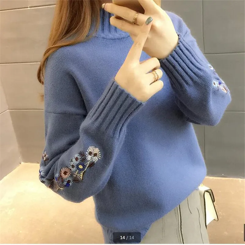 UHYTGF Fashion Women Sweaters 2023 Autumn Winter Sweater Woman Pullovers Flower Embroidered Turtleneck Knitt Sweater Long sleeve