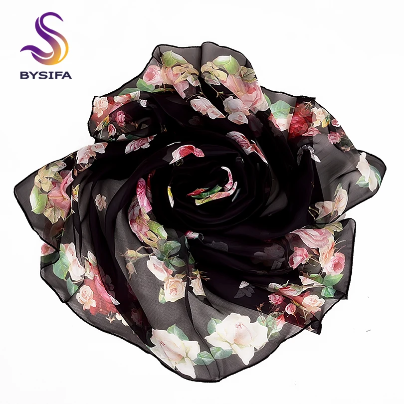 [BYSIFA] Black Roses Silk Scarf Shawl Women Spring Autumn Floral Design Long Scarves 2018 New Brand 100% Scarf Foulard 180*110cm