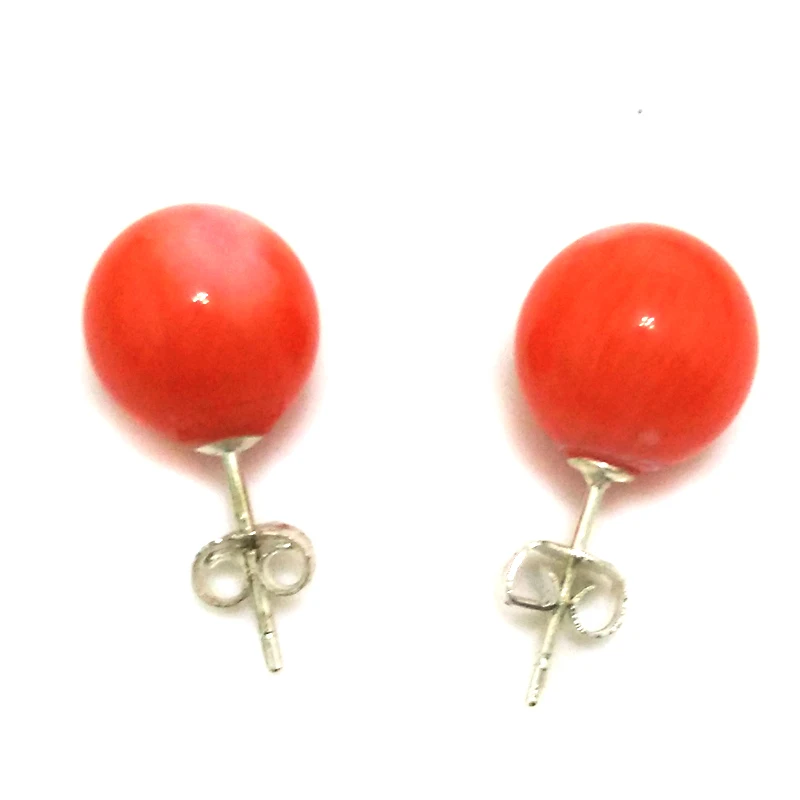 Pink Natural Round Coral Earring With 925 Sterling Silver Stud