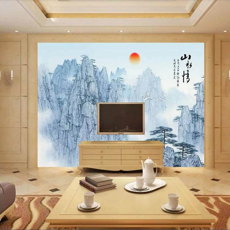 Decorative wallpaper Chinese style artistic conception scenery crane TV background wall