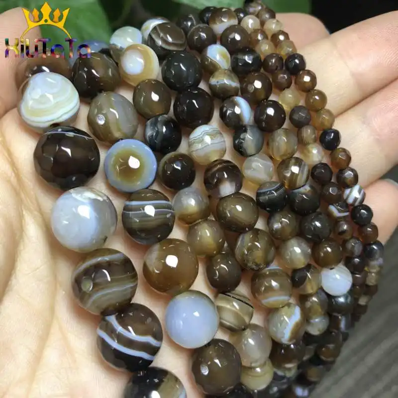 Natural Faceted Coffee Striated Agates Onyx Beads Round Loose Beads For Jewelry Making DIY Bracelet Necklace 15\'\' 4/6/8/10/12mm